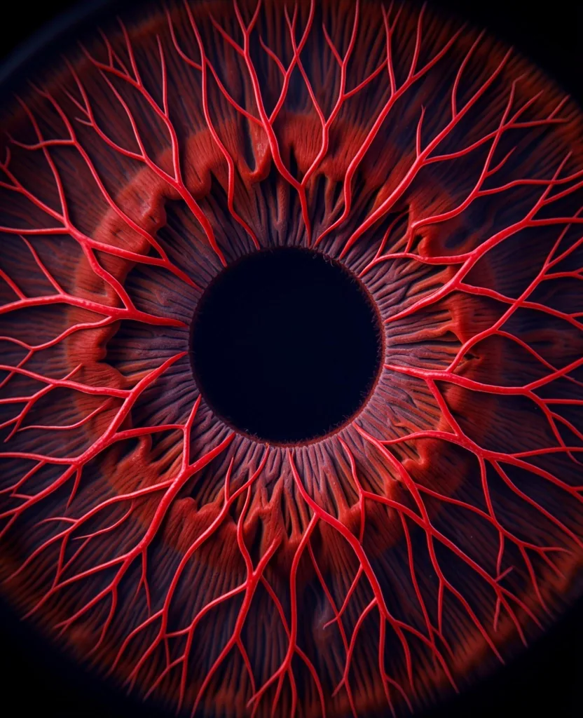 Detail makrofotografie lidského oka s cévní sítí